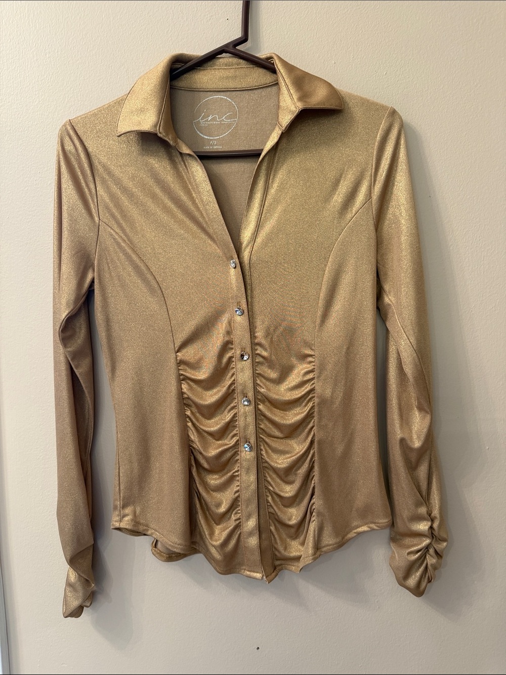 INC International Concepts Metallic Gold Ruched Button-Front Top